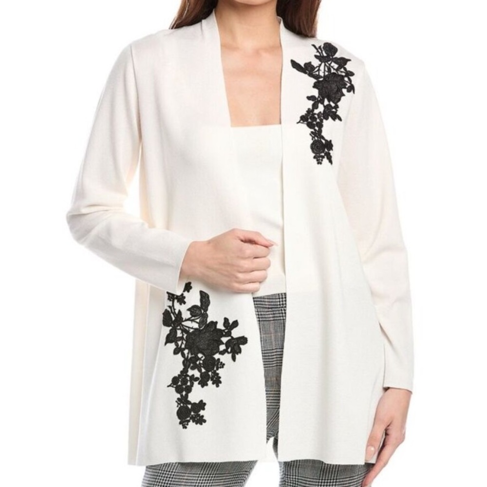 Anne Klein Cream Cardigan with Black Floral Design